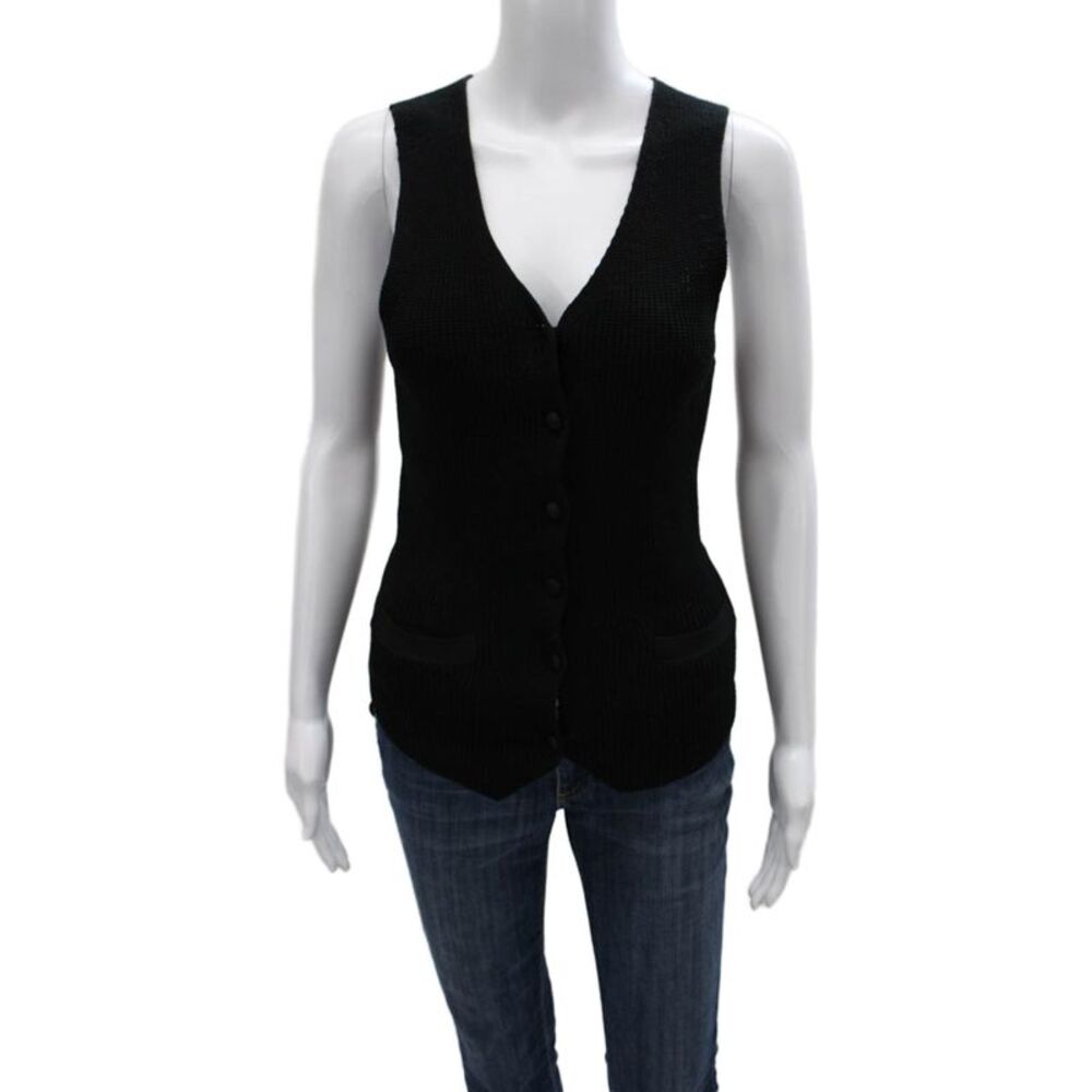 Sacai Womens Knit V-Neck Sleeveless Vest Black Polyester Button Size 2